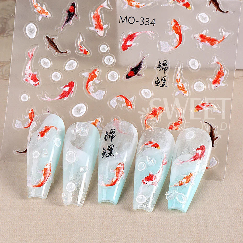 JazzHer 5D Lucky Koi Carp Summer Goldfish Nail Art Sticker Ocean Beach Mermaid Sea Lotus Chinese Style Adhesive DIY Manicure Foils Decal