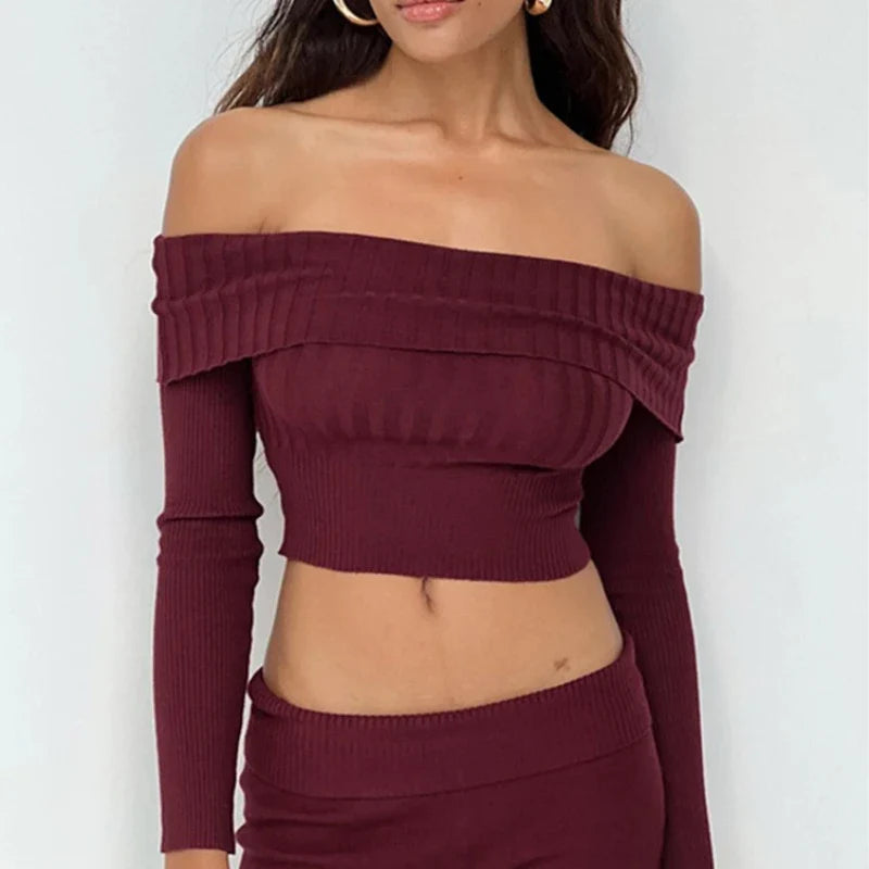 JazzHer 2024 Fall Fashion Knitted Slim Sweater Women Long Sleeve Solid Sexy Off The Shoulders Pullovers Female Street Bodycon Casual Sweaters Woman