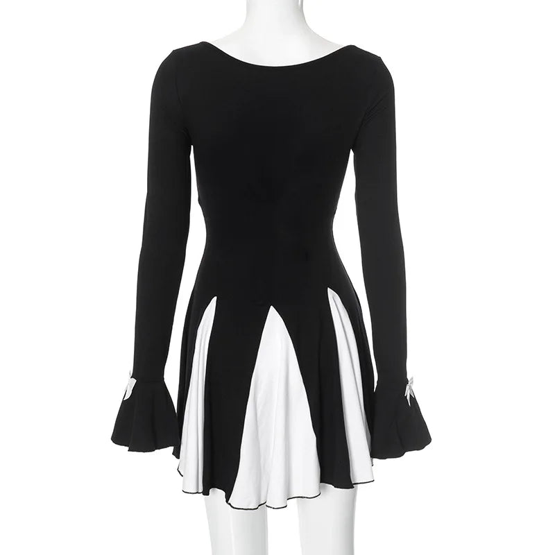 TARUXY Bows Splice Folds Mini Dress For Women Long Sleeve Contrast Color Bodycon Dress Club Party Hot Girl High Waist Dress Lady