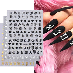 JazzHer 3D Roman Letter Nail Stickers Golden Silver Black Alphabet Design Self Adhesive Decal English Words Sliders Manicure Decoration