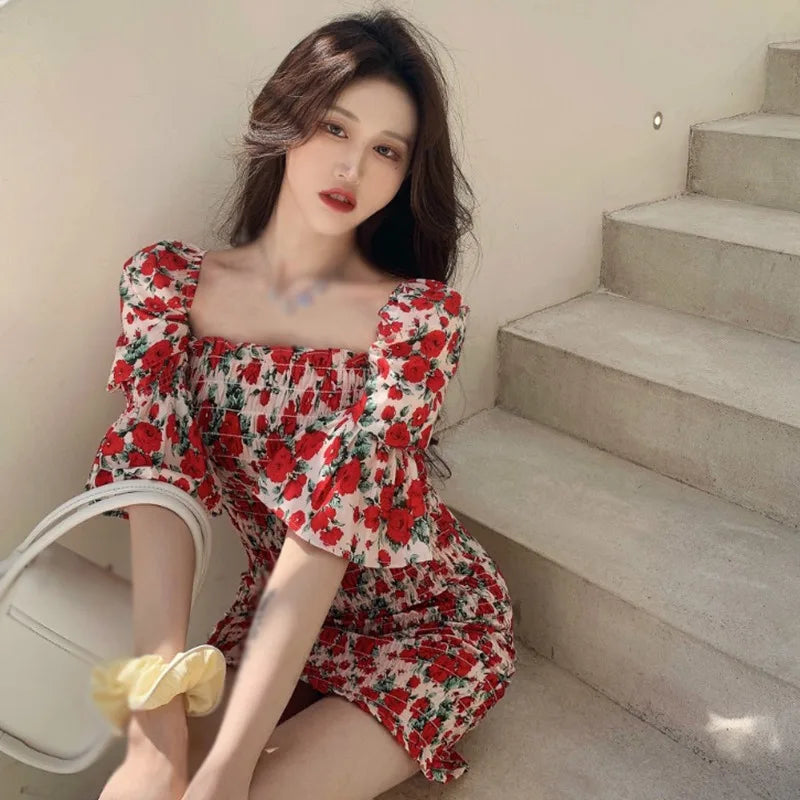 JazzHer Spring Summer Square Collar Floral Dress Women Temperament Slim Waist Bag Hip Skirt French Retro Dresses