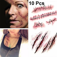 JazzHer 10pcs Halloween Tattoo Sticker Horror Bloody Wound Zombie Scar Waterproof Temporary Tattoos DIY Party Body Art Makeup Kids Adult