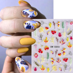 JazzHer 5D Embossed Leaf Nail Stickers Summer Autumn Flowers Slider Leaves Line Patter Design Nail Art Decals DIY Manicure Decorations