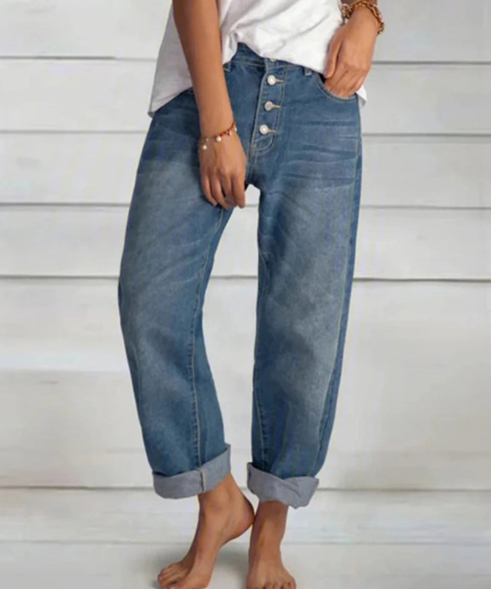 JazzHer Jeans Straight Pants Women Denim Spliced Button Loose Pockets High Waist Wash Ankle Length 2024 Vintage Distressed Basics