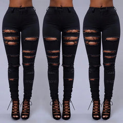 JazzHer Sheath Ripped Jeans Women Ankle Length Denim Hole Pencil Pants Pockets High Waist Punk Style Solid Distressed Skinny 2024