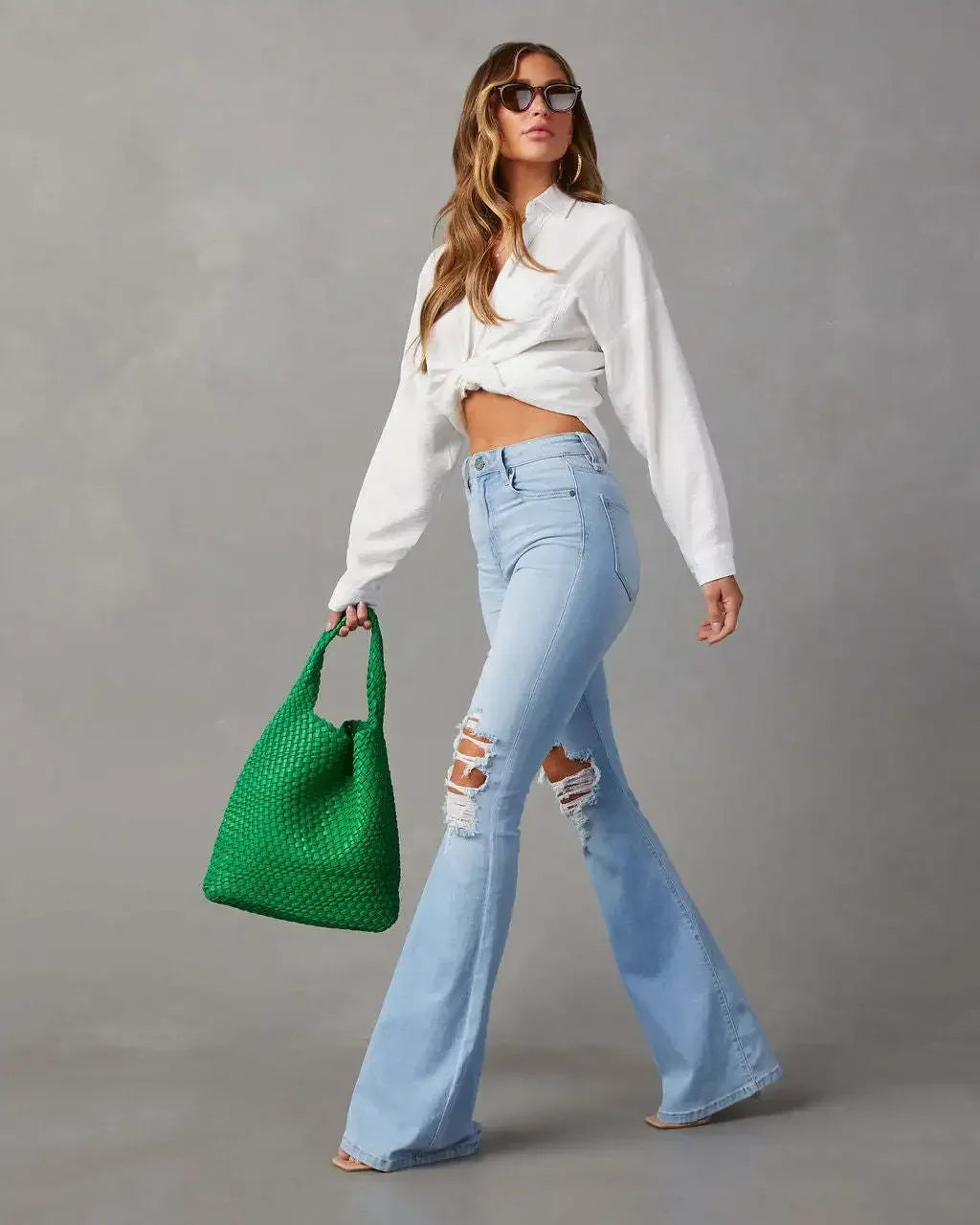 JazzHer Women Denim Flare Pants Streetwear Jeans Loose Fit High Waist Pockets Holes Ankle Length Solid Color Spring 2024 Zipper Fly