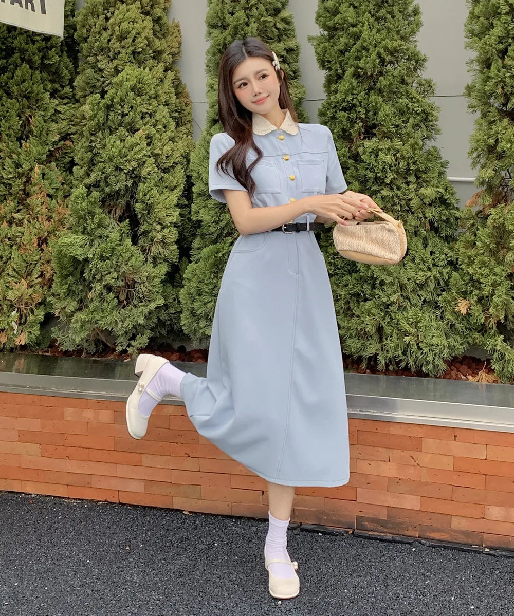 JazzHer-Casual Dresses for Women 2024 Doll Collar Short Sleeve Fashion New Summer Women's Clothes Chic Elegant Female Midi Dress