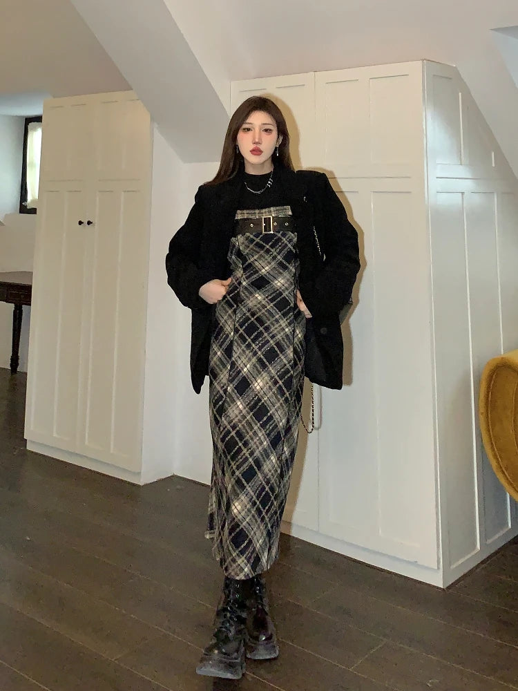 JazzHer 2024 Autumn Elegant Plaid  2 Piece Dress Set Women Outwear Casual Black Blouse + Vintage Slim Strap Dress Korean Fashion Suit