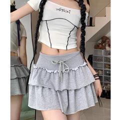 JazzHer Korean Retro Solid Color All Match Cake Skirt Women 2024 Summer New High Waist Lace-up Sexy Slim Pleated A-line Skirt