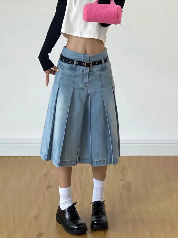 JazzHer- Y2k Streetwear Denim Pleated Skirt Women Vintage Low Waist A-line Distressed Knee-lenght Jeans Skirt Japanese Fashion