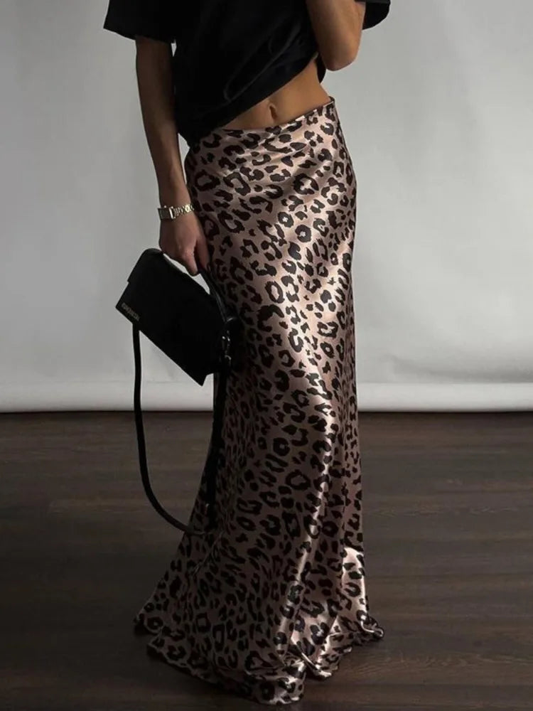 JazzHer Satin Leopard Print Long Skirt Women Fashion High Waist Maxi Fishtail Skirt Ladies Fashion With Zipper Sexy Skirts