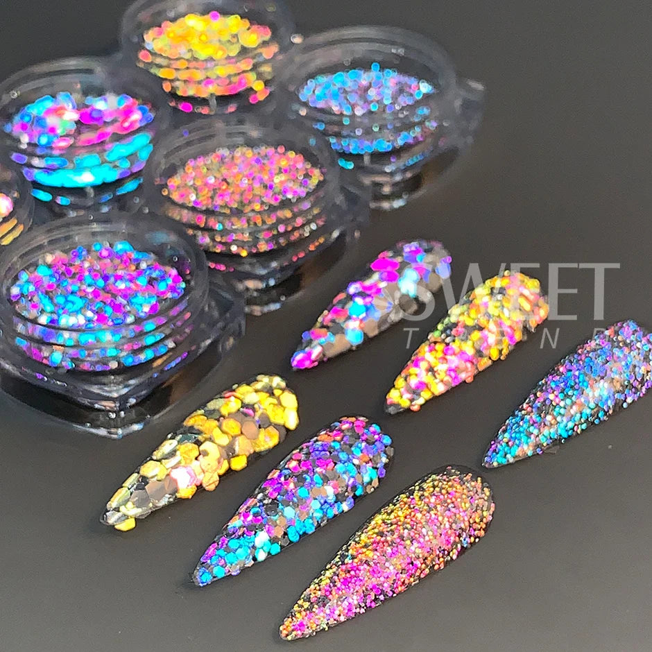 JazzHer Reflective Prism Glitter Nail Powder Flakes Sparkly Green Red Nail Art Dust Shinning Chrome Diamond Pigment Manicures Decoration