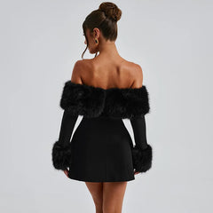JazzHer Strapless Backless Fluff Sexy Dress For Women 2025 Robes Elegant Evening Party Dress Bodycon Mini Winter Dress Vestidos