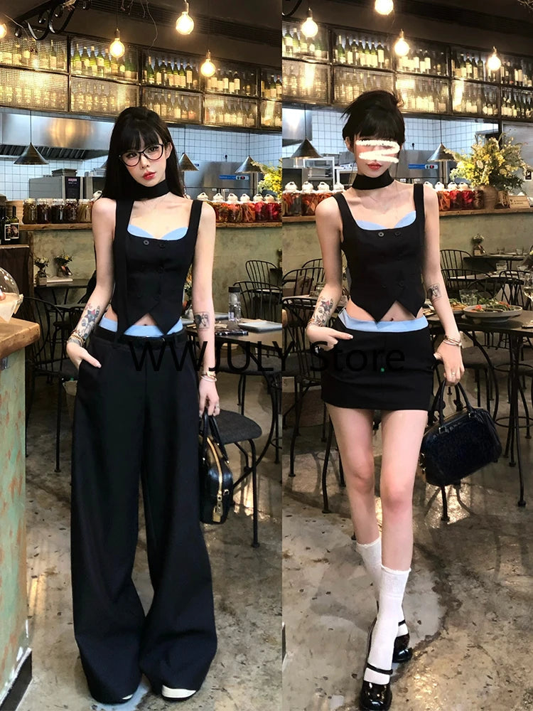 JazzHer 2024 Summer Sexy Backless 2 Piece Skirt Set Woman Bow Sleeveless Vest + Slim Fashion Mini Skirt Outfits Korean Style Set Design