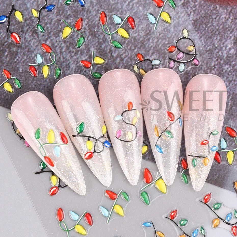 JazzHer 5D Colorful Christmas Light Embossed Nails Art Stickers Glove Snowflake Decals Self-Adhesive Bells Light DIY Manicure Decoration