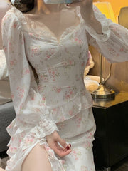 JazzHer   Sexy Elegant One Piece Dress Korea Casual Long Sleeve Floral Midi Dress Woman Beach French Vintage Party Dress Chic  Summer