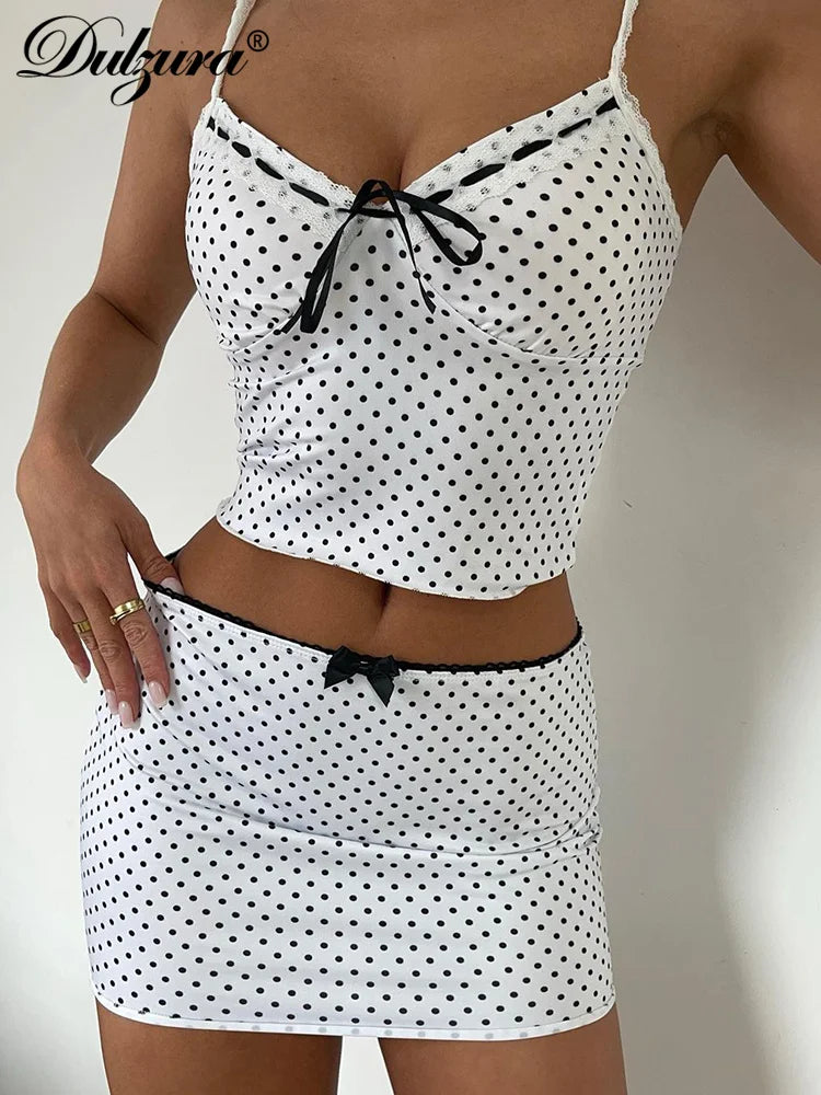 JazzHer Matching Suit Polka Dots Spaghetti Shoulder Straps Crop Top Sleeveless Bow Ties Mini Skirt 2024 Co Ords Set Clubwear