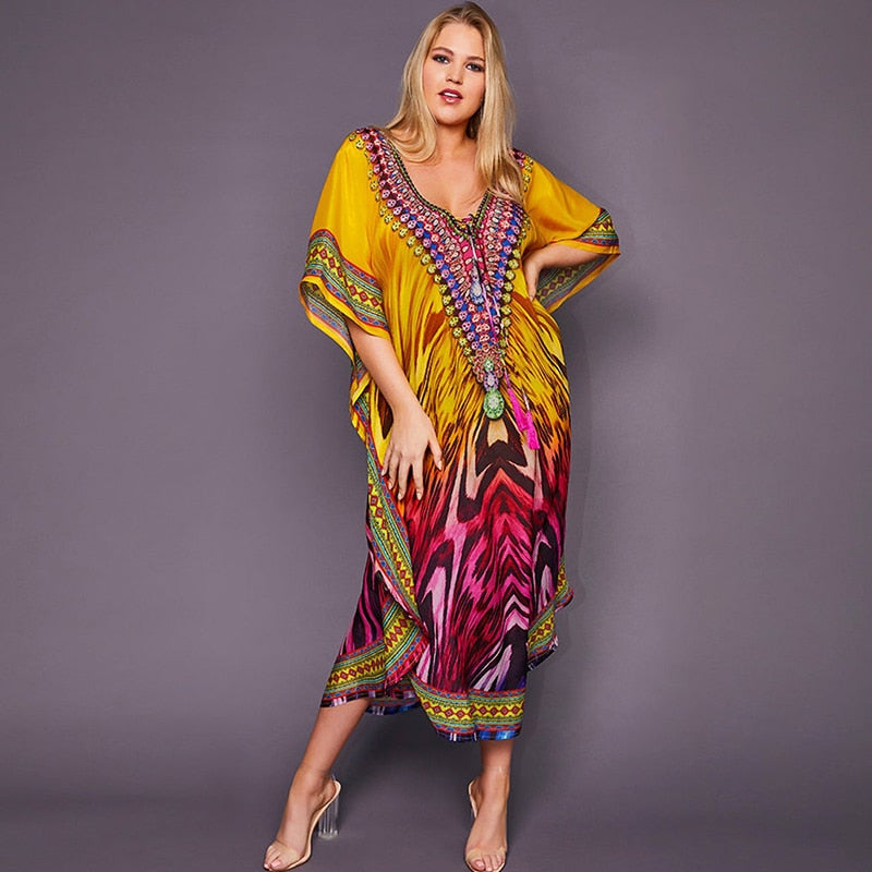 JazzHer 2024 Bohemian Printed Summer Holiday Dress Blue Tunic Women Beach Wear Kaftan V-Neck Bats Sleeve Maxi Dress Robe Q956