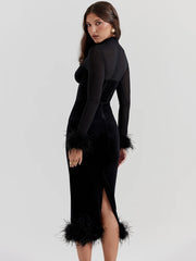 JazzHer Elegant Feather Sexy Midi Dress For Women Black Fashion Sheer Long Sleeve Backless Bodycon Club Party Long Dress