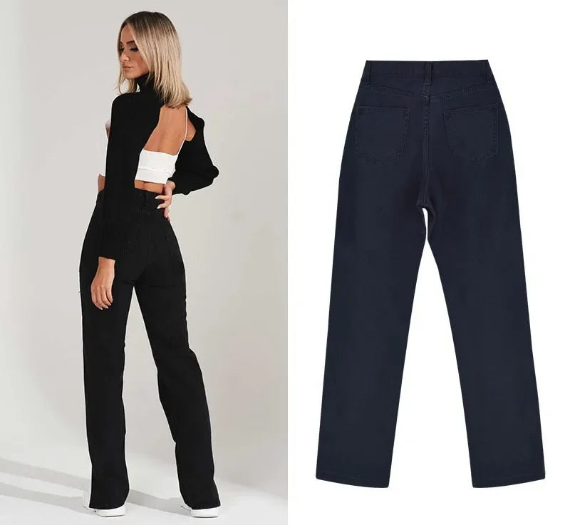 JazzHer Women Hole Jeans Vintage Distressed Straight Pants Streetwear High Waist Pockets Button Zipper Fly Denims Cuffs Trousers 2024