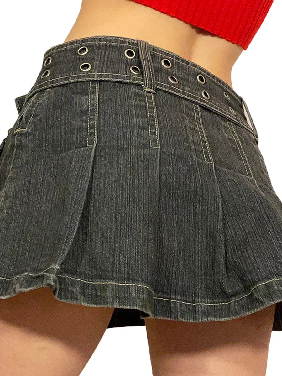 JazzHer-Women's Spring Summer Y2K Aesthetics Low Waist Mini Denim Skirt Solid Color Pleated Multi-pocket Skirt with Belt 2000s Club Wear