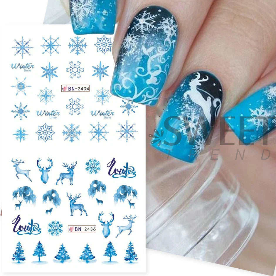 JazzHer 12pcs Winter Forest Styling Water Stickers For Nail Gradient Snowflake Bird Elk Design Xmas Manicure Charm Sliders LYBN2425-2436