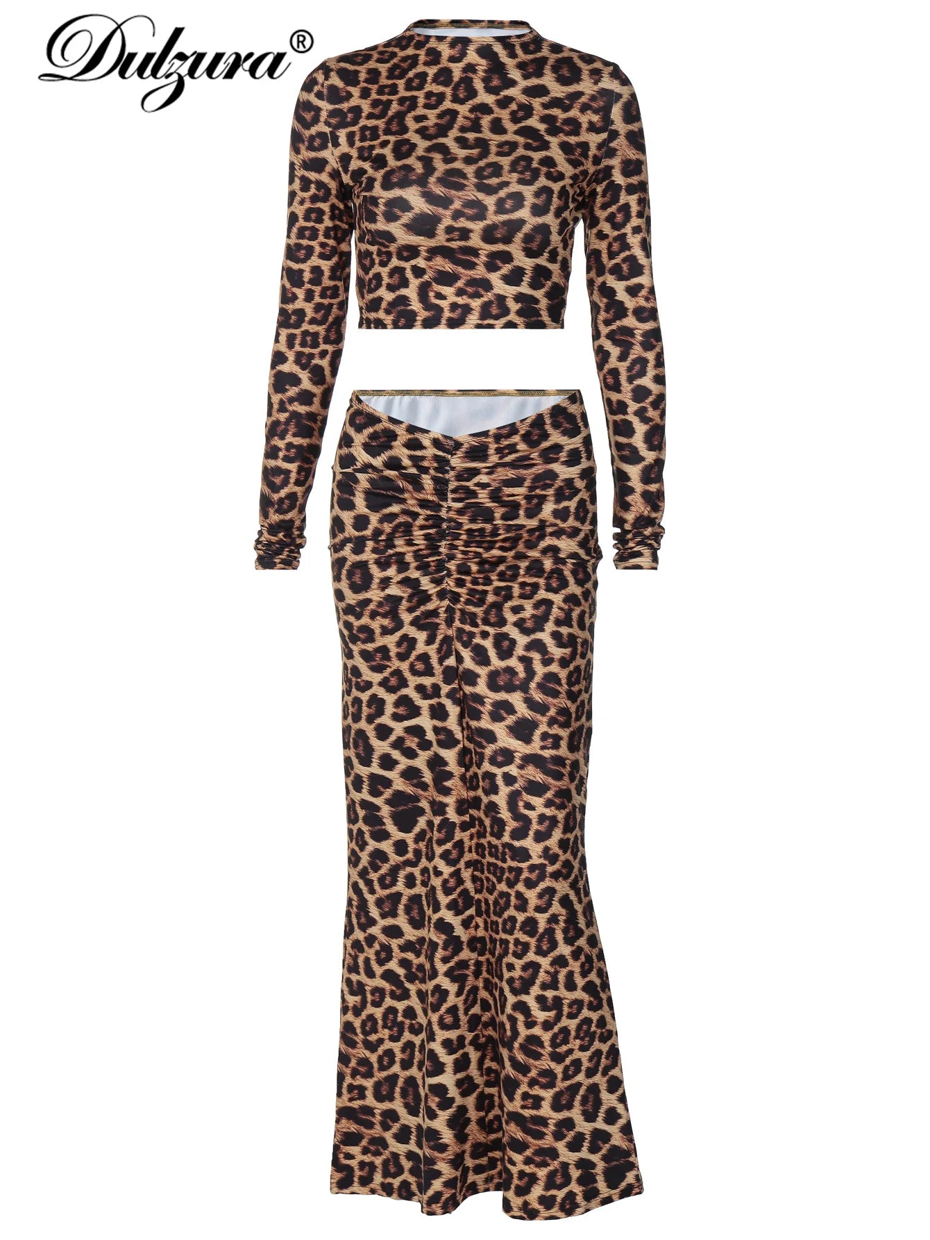 JazzHer Sexy Leopard Printed Matching Suit Long Sleeves Top Ruched Maxi Dress Sets Women Outfit Clothes Party Club Wholesale Y2K