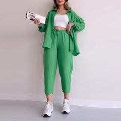 JazzHer Pant Sets Women Solid Two Pieces Set Long Sleeve Cropped Button Shirt Loose Wide Leg Trouser Work Sporty Suits Y2k Streetwear