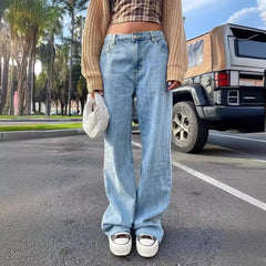 JazzHer Jeans Women Straight Pants Denim High Waist Loose Fit Vintage Pockets Button Solid Basics Trousers 2024 Casual Washed Denims