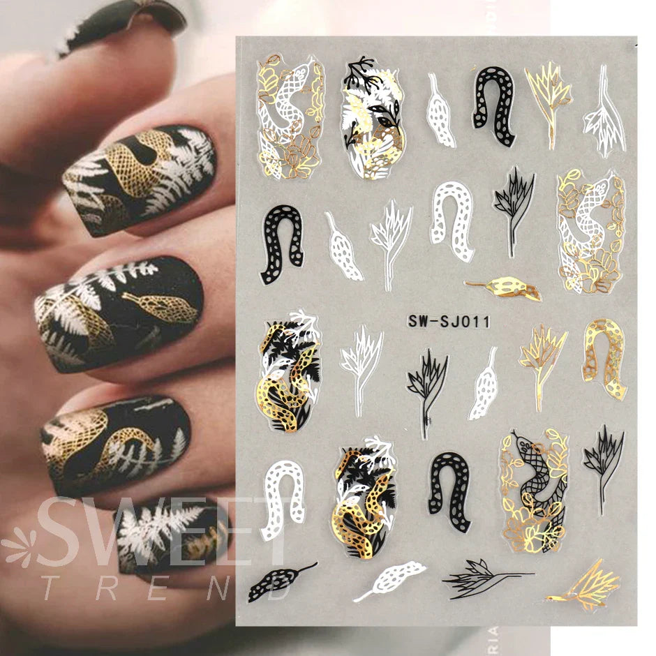 JazzHer Abstract Black Gold Snake Nail Art Stickers 3D Laser Geometry Flowers Leaves Design Decals Holographic Wraps Decoration LYSW-SJ