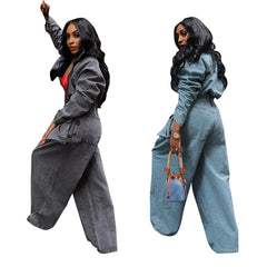 JazzHer Denim Jacket Two Piece Sets Women 2024 Autumn Streetwear Ensemble Turtleneck Coat Pockets Wide Leg Pants Suit Casual Outfits