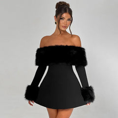 JazzHer Strapless Backless Fluff Sexy Dress For Women 2025 Robes Elegant Evening Party Dress Bodycon Mini Winter Dress Vestidos