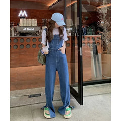 JazzHer Jeans Denim Women Overalls Wide Leg Pants Jumpsuits Ankle Length Pockets Basics Loose Fit Mid Waist Washing Bodysuit 2024