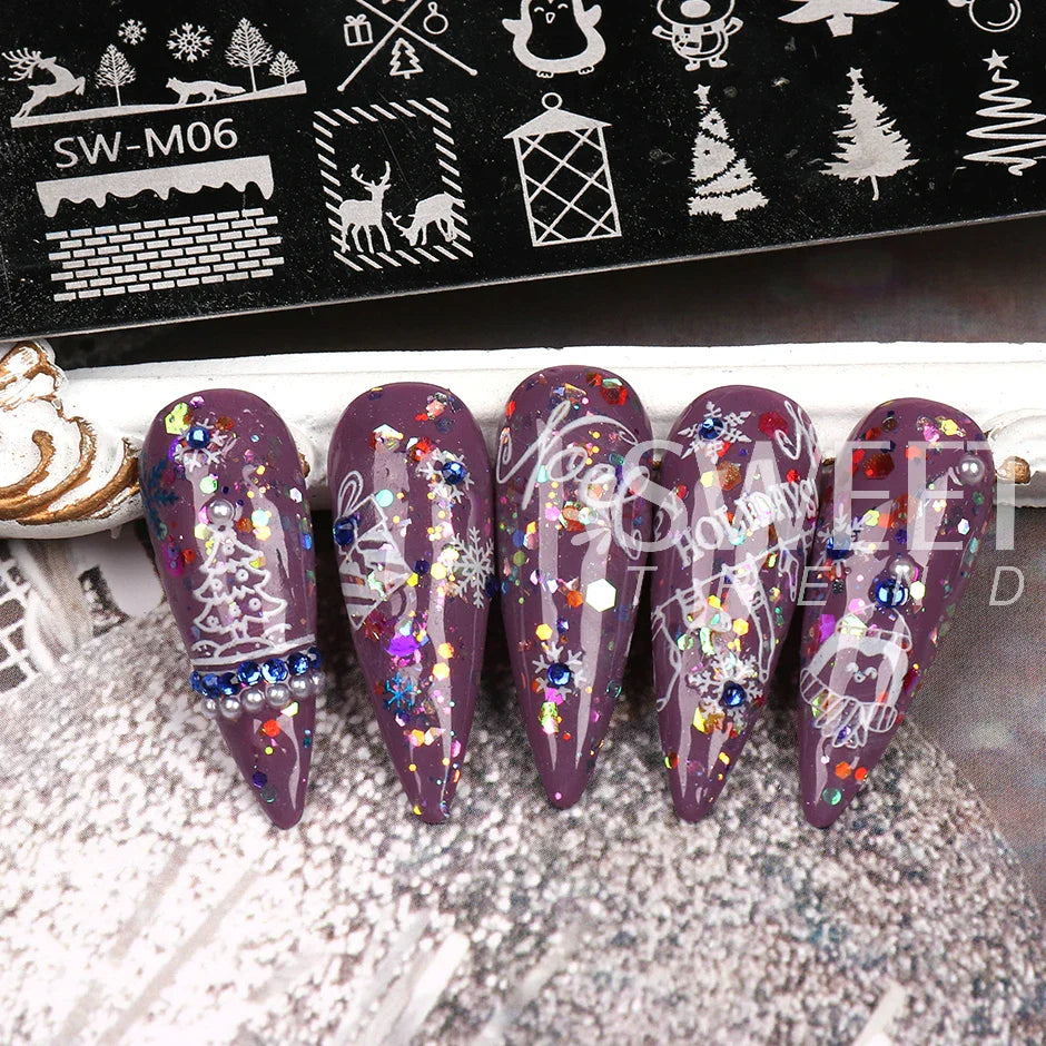 JazzHer Christmas Cute Anime Nail Stamping Plate Winter Snowflakes Sweater Elk Design Painting Stencil Tools DIY Decoration Image LYSW-M