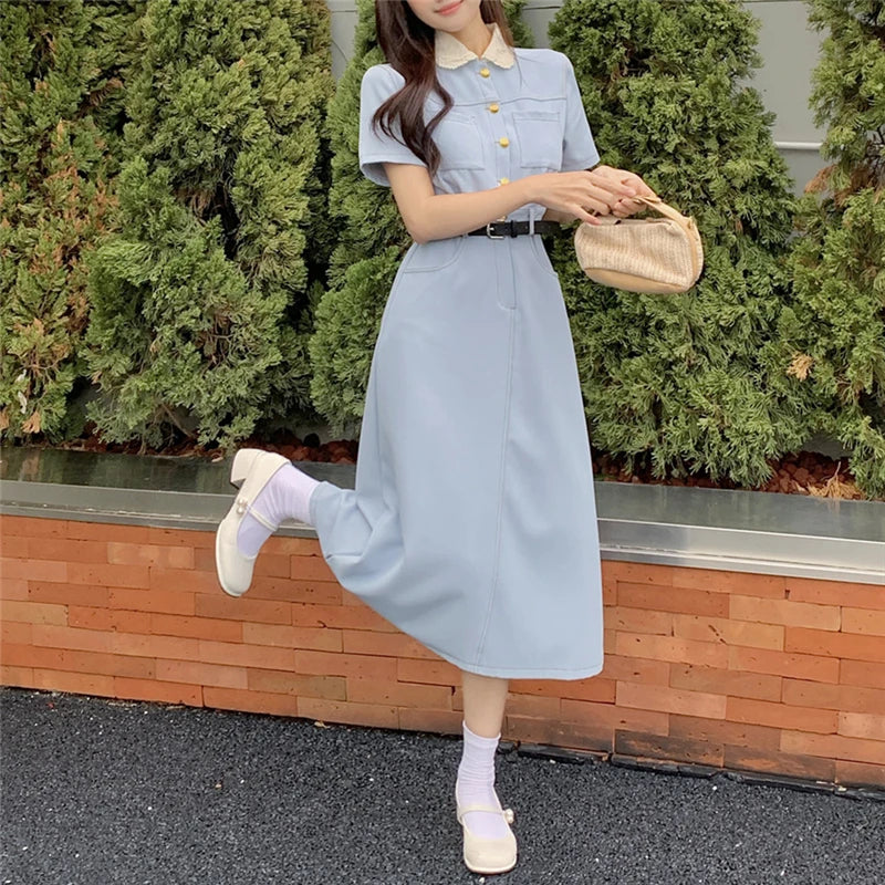 JazzHer-Casual Dresses for Women 2024 Doll Collar Short Sleeve Fashion New Summer Women's Clothes Chic Elegant Female Midi Dress