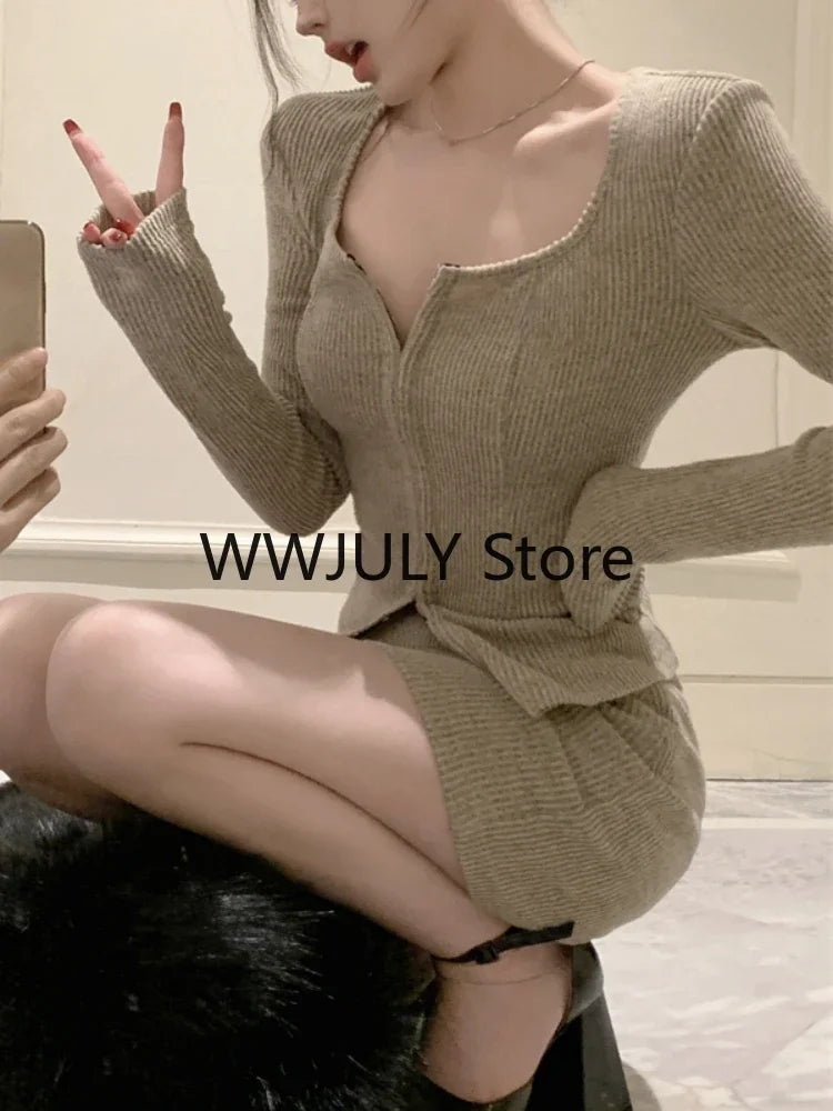 JazzHer 2024 Autumn New Grey Casual Knitted Suits Sexy 2 Piece Skirt Set Woman Elegant Y2k Crop Tops + High Waist Slim Mini Skirt Korean