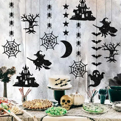 JazzHer 6pcs Halloween Hanging Banner Garland Scary Spider Witch Ghost Bat Pendant Ornament Happy Halloween Party Decorations for Home