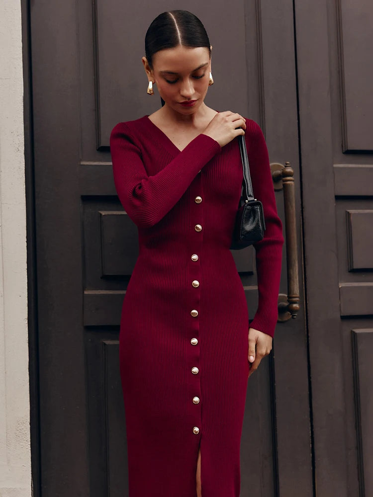 JazzHer Fall Winter Long Sleeve Knitted Dress Button Slit Female Sweater Cardigan Dresses Slim Solid Elegant Office Lady Clothes