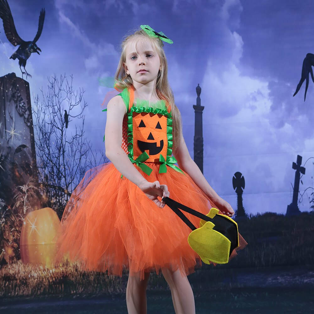 JazzHer Halloween Awakecrm Scary Pumpkin Monster Girls Halloween Dress Up Tutu Dress Kids Clothes For Carnival Party Dresses Orange Dress With Ruffles