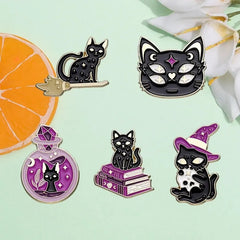 JazzHer 5pcs Magic Cat Metal Badge Alloy Halloween Brooch Purple Hat Potion Witch Black Cat Animal Cute