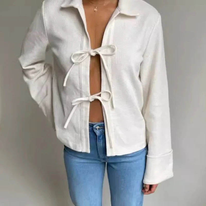 JazzHer Y2K Aesthetic T-shirt Women Sexy Crop Tops Fashion Solid Color Tie-Up Front Lapel Neck Long Sleeve Cardigans Blouse Streetwear