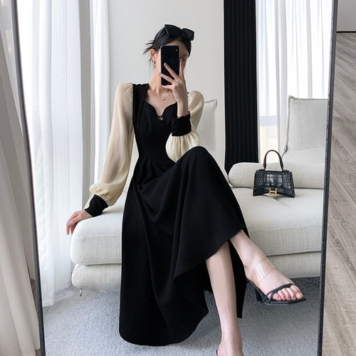 JazzHer Fashion Dresses for Women Long Sleeve Party French Style Dress Solid Square Collar Midi Zipper 2023 New Spring Summer Dress