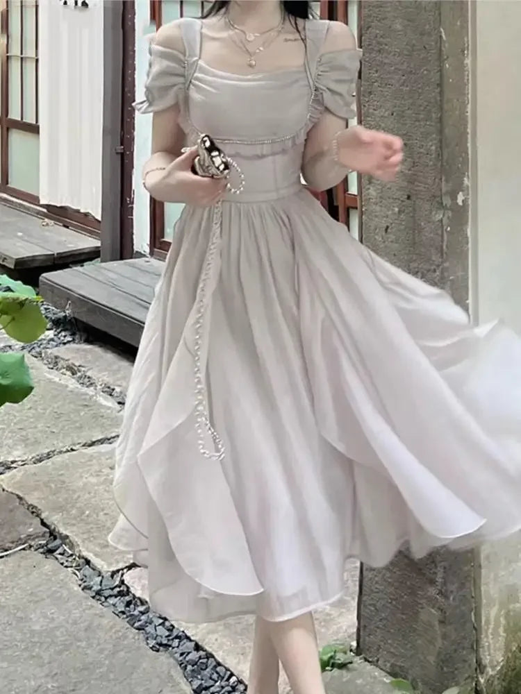 JazzHer Korean Chic Ruffle Fairy Midi Dress Women 2024 New Summer Elegant Solid Princess Birthday Party Vestidos Female Casual Clothes