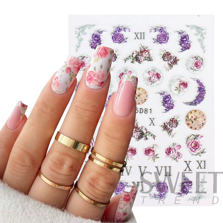 JazzHer 5D Embossed Peony Flowers Nail Art Stickers Valentine Rose Design Spring Textured Decals New Year Manicure Decoration LYSW-5D80