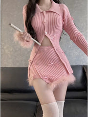 JazzHer 2024 Fall Fashion 2024 Autumn Pink Knitted Suit Woman Kawaii Elegant Set Korea Fashion Clothing Woman Casual Sweater + Slim Bodycon Y2k Mini Skirt