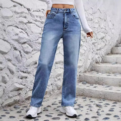 JazzHer Jean Ankle Length Straight Pants Women Denim Washed High Waist Jeans Distressed Solid Pockets Streetwear Loose Fit Pockets