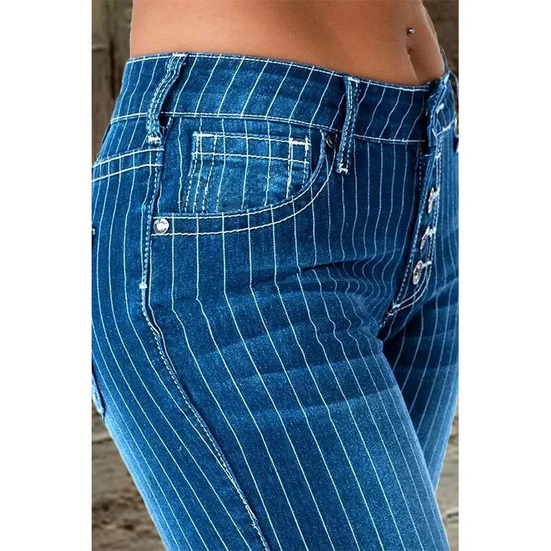 JazzHer Women Striped Flare Pants Midi Waist Button Spliced Denim Trousers Pockets Jeans Long Pant Vintage Winter Slight Strech