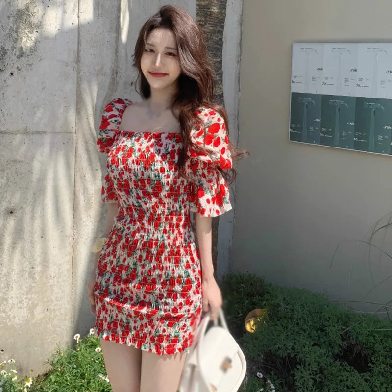 JazzHer Spring Summer Square Collar Floral Dress Women Temperament Slim Waist Bag Hip Skirt French Retro Dresses