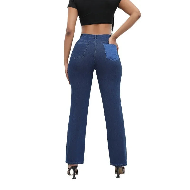 JazzHer Women Straight Jeans Denim Wide Leg Pants Patchwork High Waist Pockets Button 2024 Autumn Vintage Trousers Strecth Denims