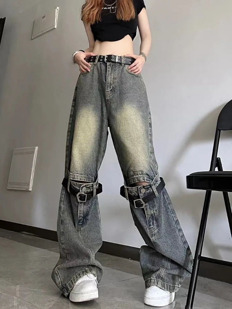 JazzHer American New Old Strap Stitching Hole Micro-La  Baggy Jeans Female Y2K Fashion High Design Relaxed Casual Straight Wide-leg Pant